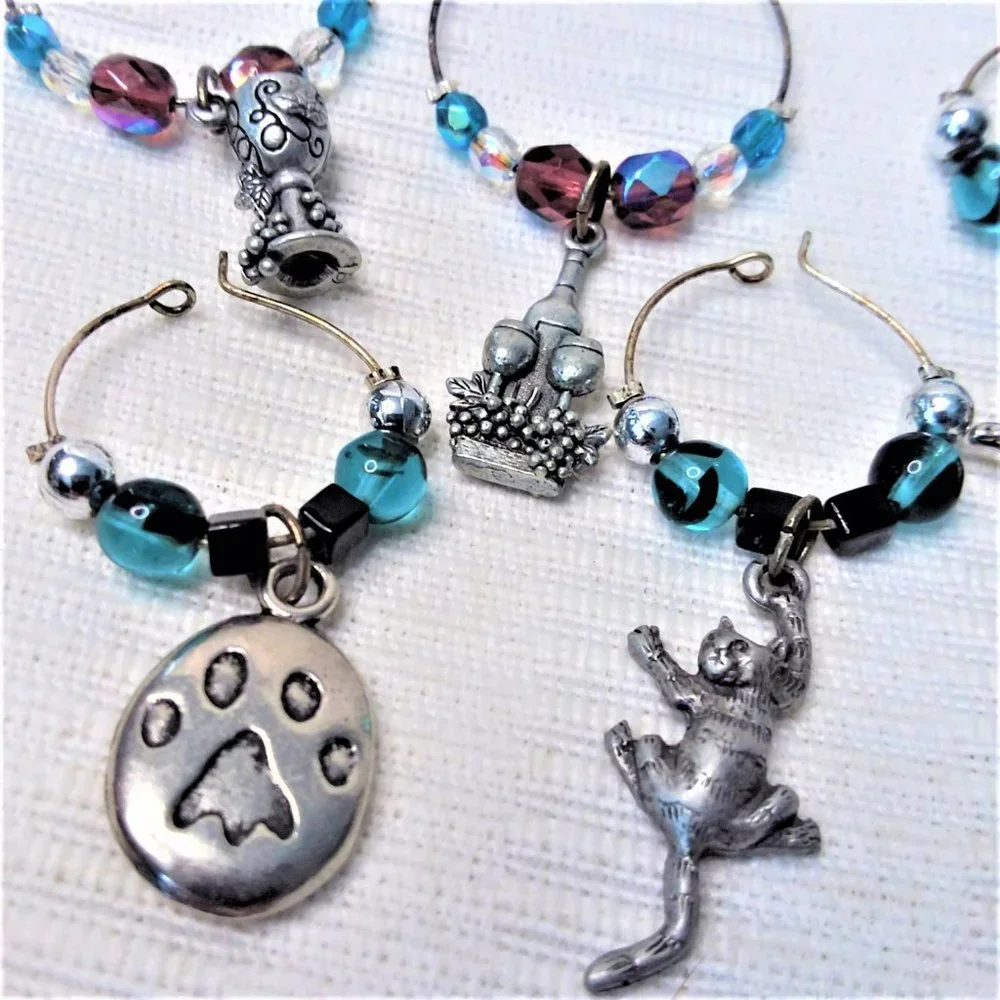 Glass Charms Drink Markers 6pc Wine Kitty Cat Beaded Handmade Bar Party Fun